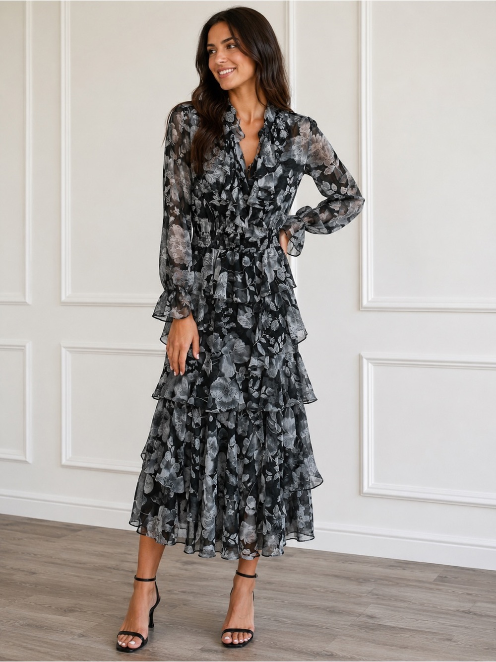 Misa Los Angeles Black & Gray Floral Tiered Long-Sleeve Midi Dress